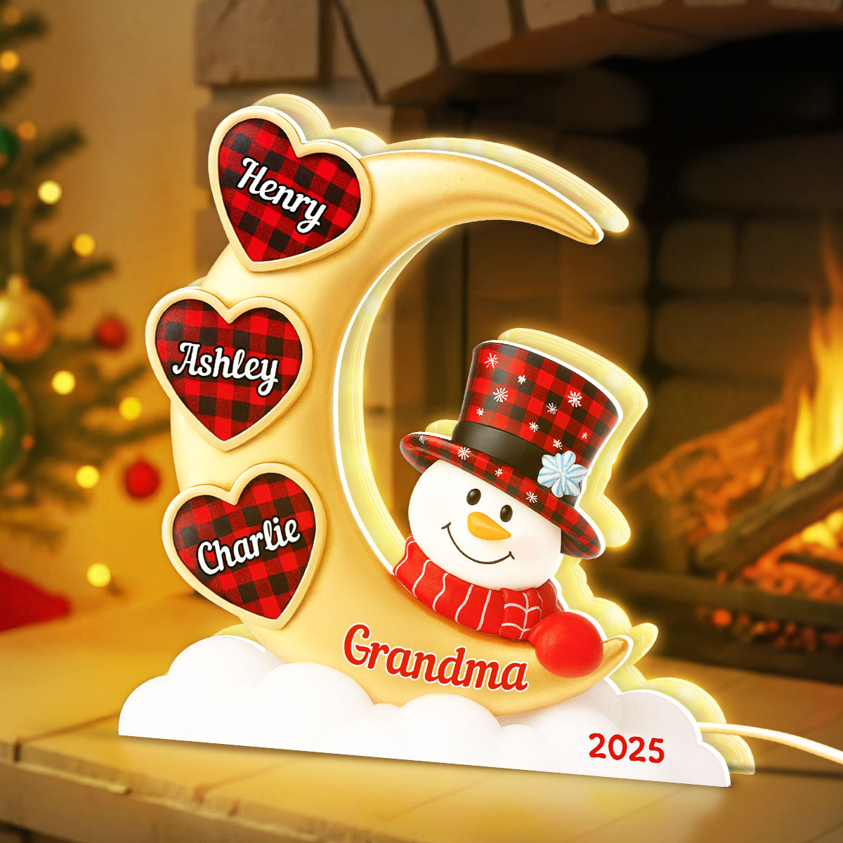 Snowman Grandma And Grandkids On Moon - Personalized Light box - Perfect Christmas Gift for Grandma