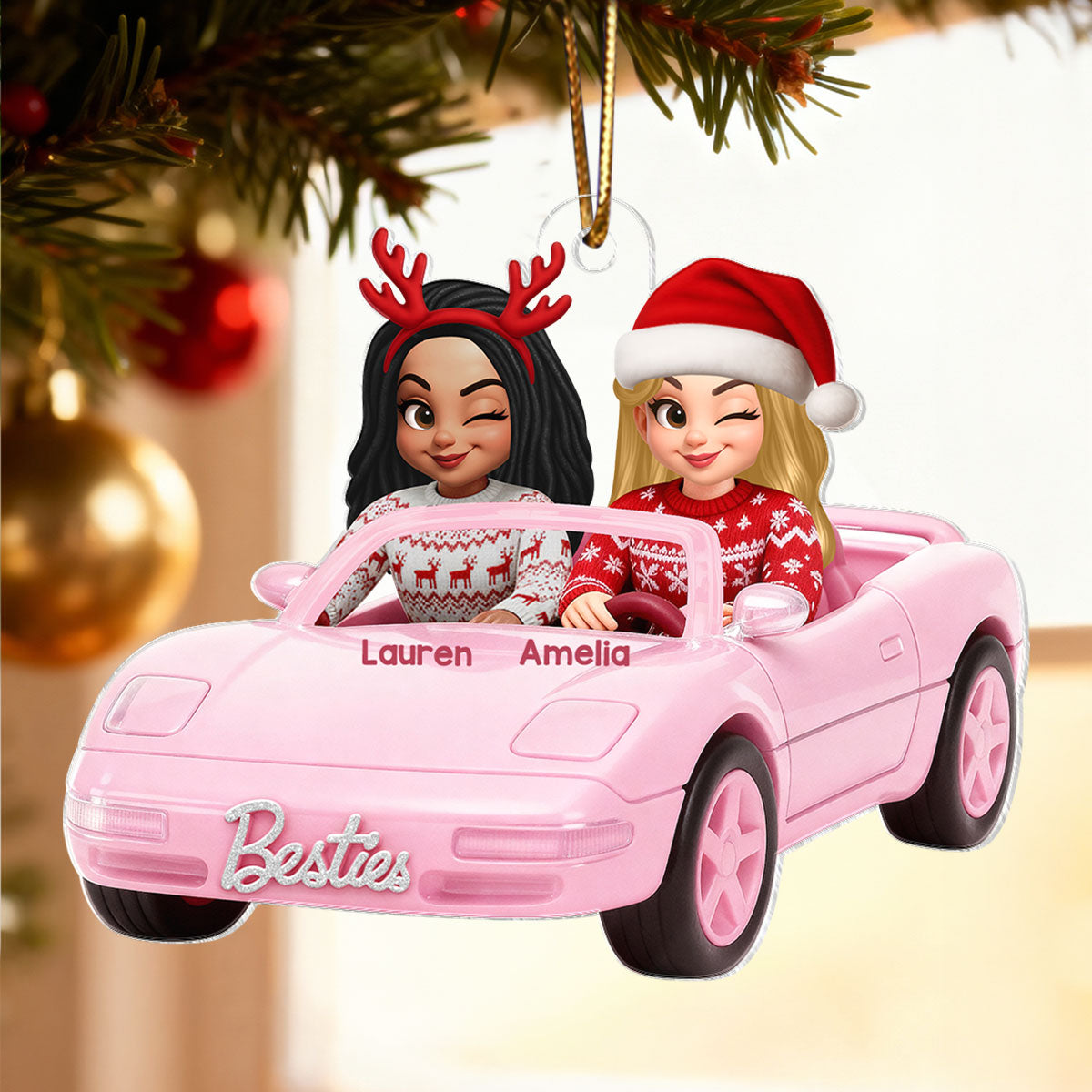 Doll Besties Driving Pink Car - Personalized Acrylic Ornament - Christmas Gift for Besties