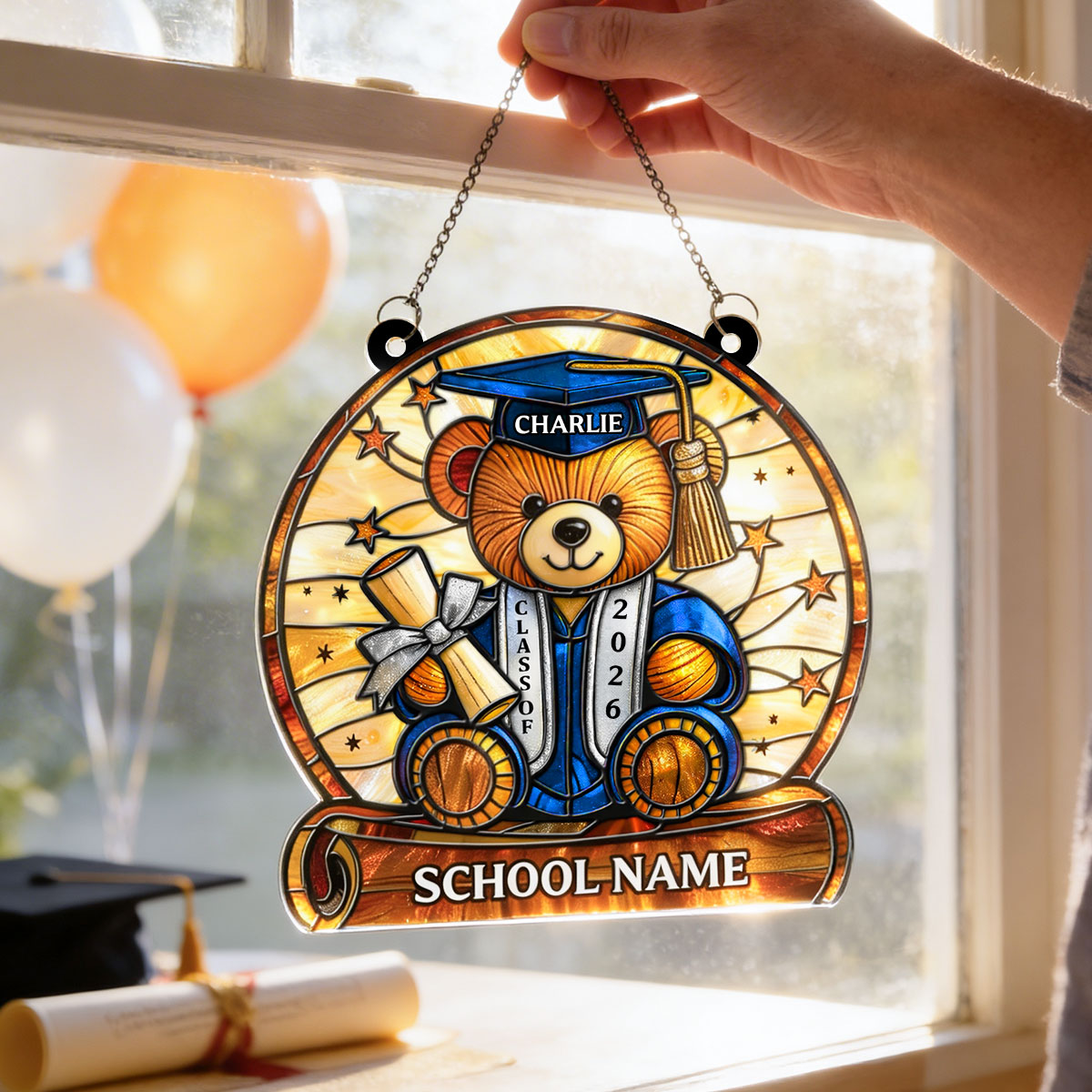 Graduation Teddy Bear With Diploma And Cap - Personalized Suncatcher - Gift For Senior