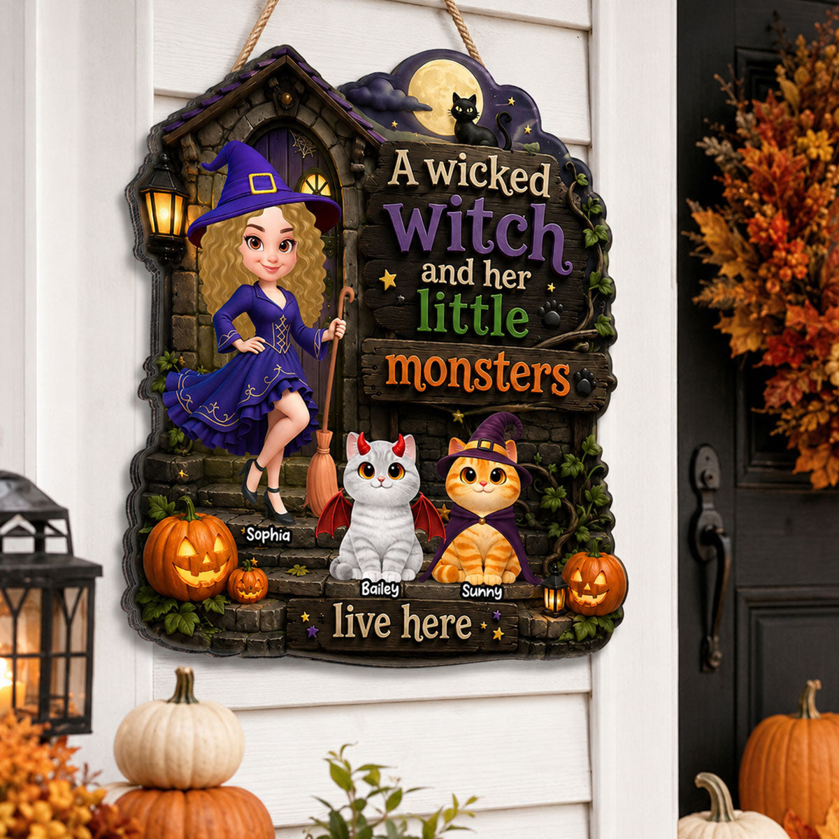 Mysterious Wicked Witch And Little Monsters Cats - Personalized Wood Sign - Halloween Gift For Cat Lovers, Halloween Decor