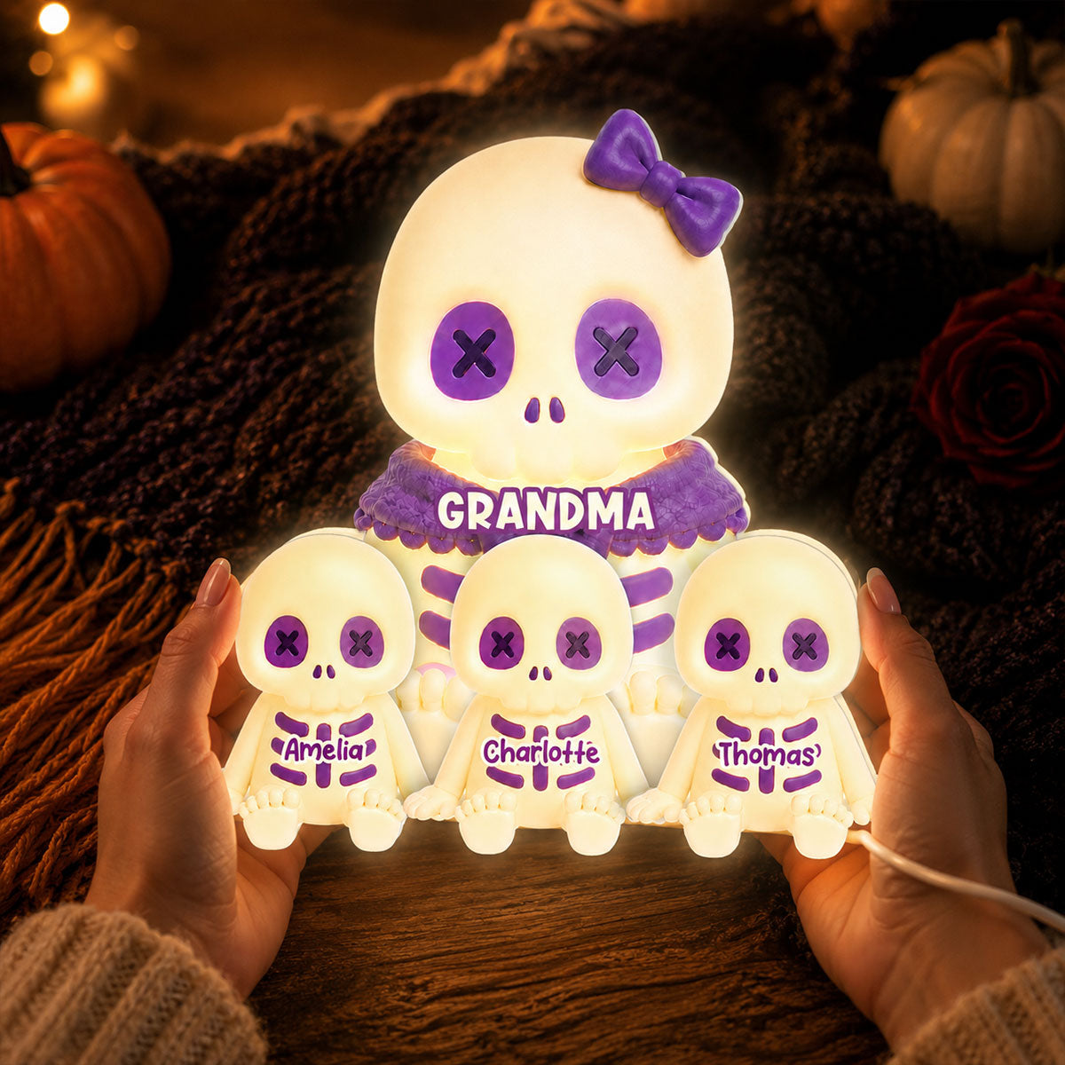 Cute Skeleton Grandma Grandkids Fall Halloween Decor - Personalized Light Box - Gift For Grandmas