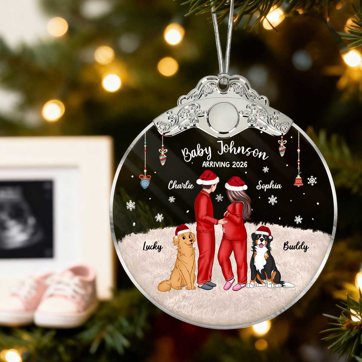 Expecting Parents Christmas Pregnancy - Personalized Glass Ornament With Silver Cap