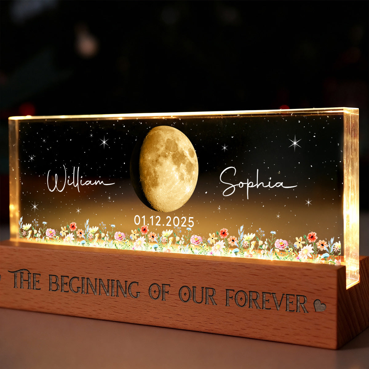 Floral Our Moon Couple Custom Moon Phase Anniversary Date - Personalized Acrylic Block LED Plaque Night Light - Gift For Couple