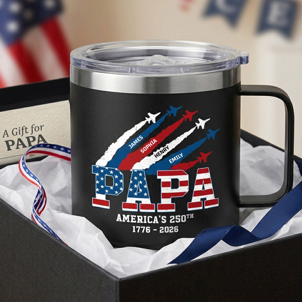 Proud Dad Grandpa Nation Flag American 250th Anniversary - Personalized Tumbler With Handle - Father's Day Gift For Patriotic Dad, Grandpa