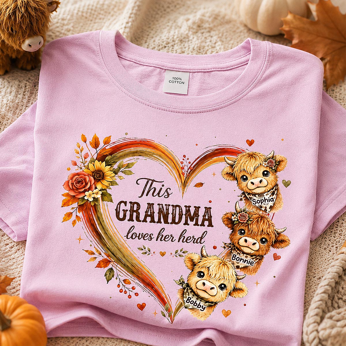 Grandma Herd Heart Highland Cow - Personalized Shirt - Cozy Fall Shirt for Grandma
