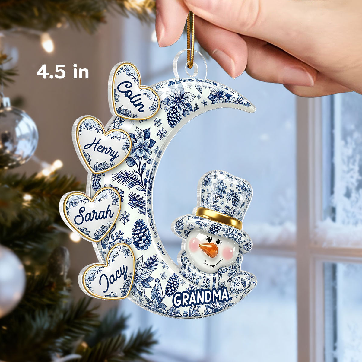 3D Effect Timeless Vintage Toile De Jouy Grandma Snowman Hearts Moon - Personalized Acrylic Ornament - Gift For Grandparents