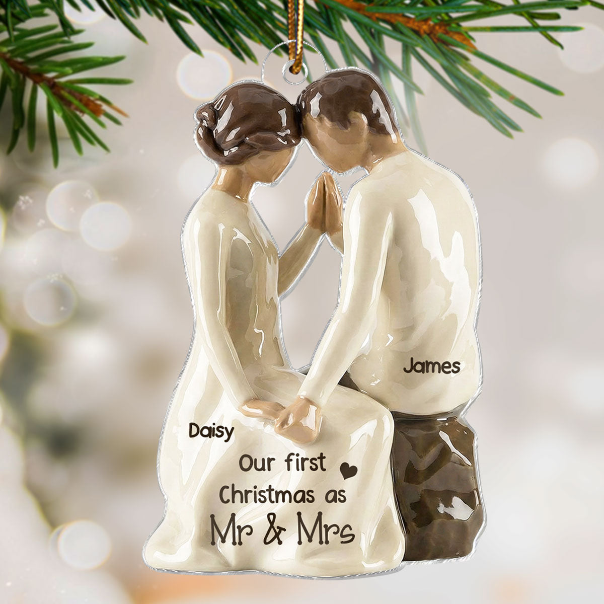3D Effect Couple Sitting Side By Side - Personalized Acrylic Ornament - Newlyweds Couple Keepsake