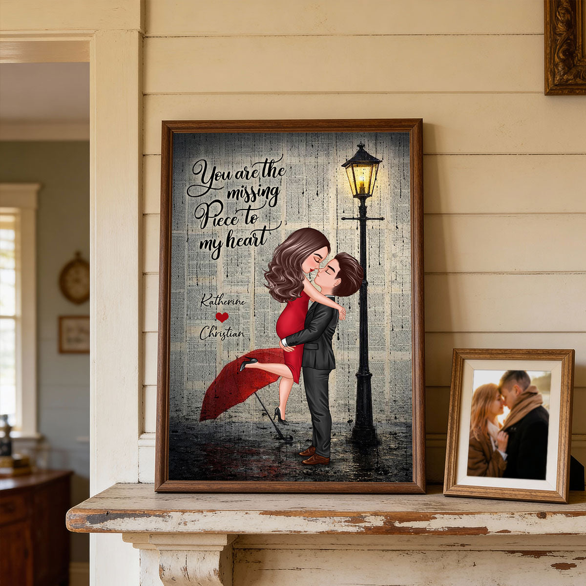 Vintage Newspaper Couple Hugging Kissing Under Lamp Post - Personalized Poster