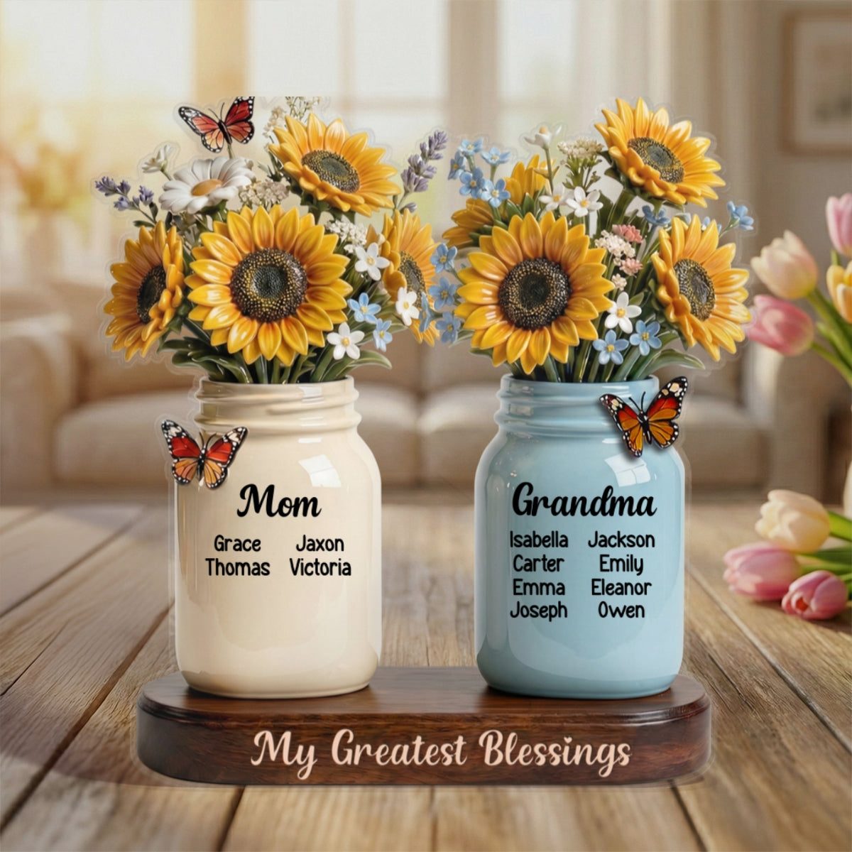 Mom Grandma Sunflowers Jars Custom Names 2D Flat - Personalized Acrylic Block Plaque - Mother's Day Gift For Grandma