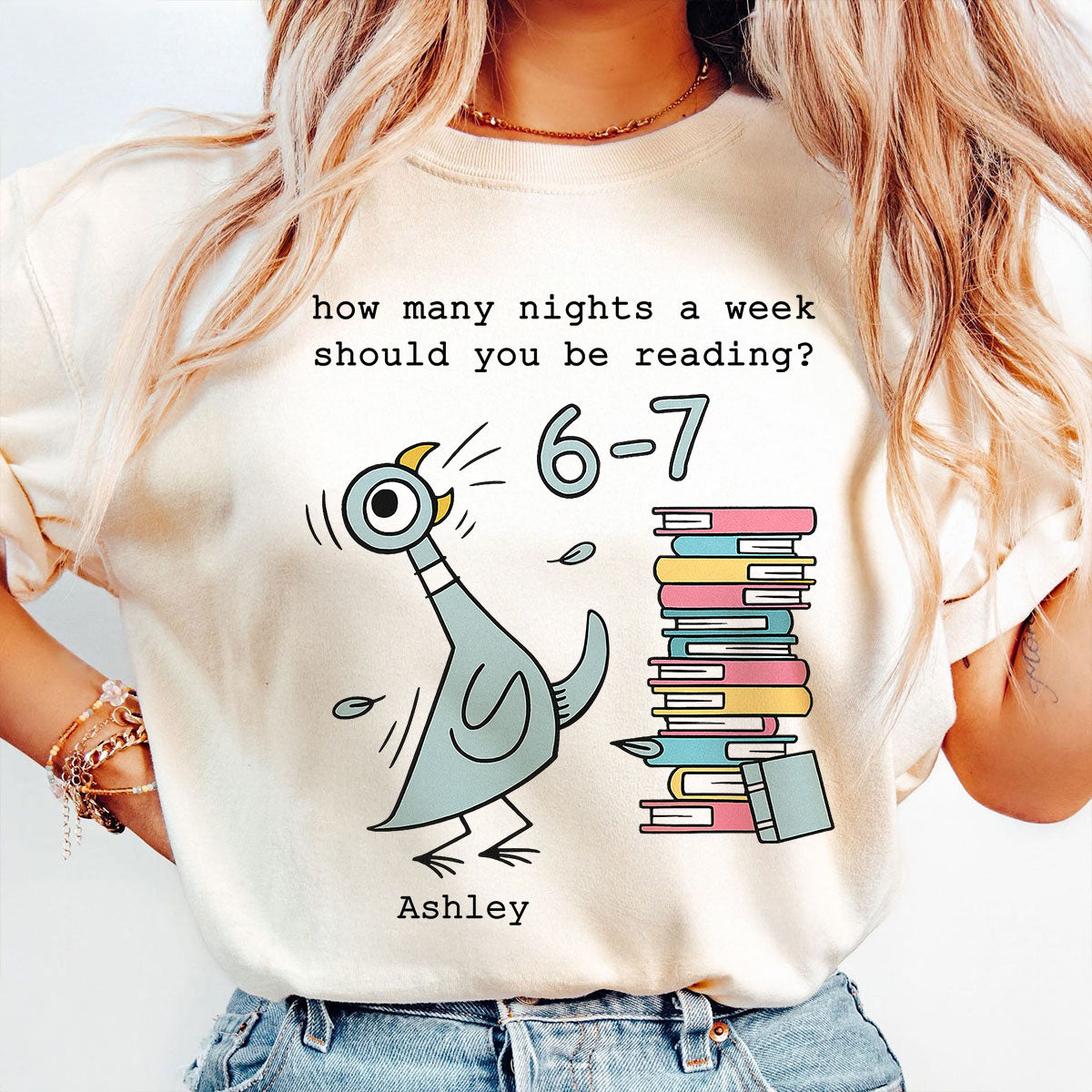 How Many Nights A Week Should You Be Reading 6-7 - Personalized Shirt - Pigeon Elephant Piggie Children's Books Sweatshirt, Teacher Six Seven 67