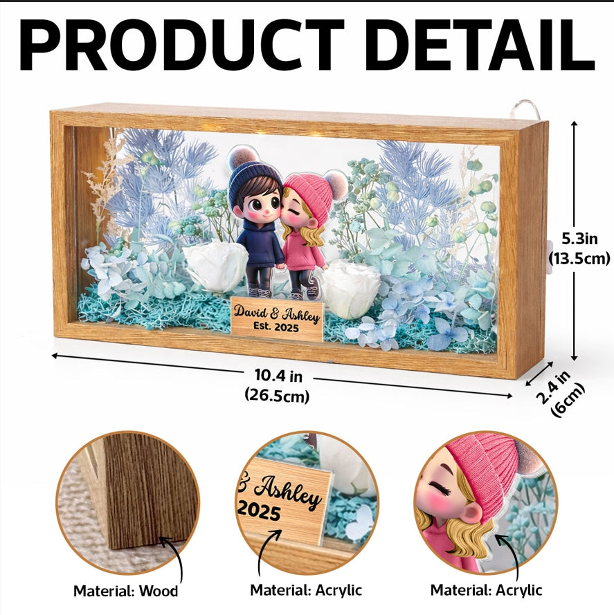 Eternal Love Cute Cartoon Chibi Couple Couple - Personalized DIY Flower Shadow Box LED Night Light - Gift For Couple, For Him, For Her