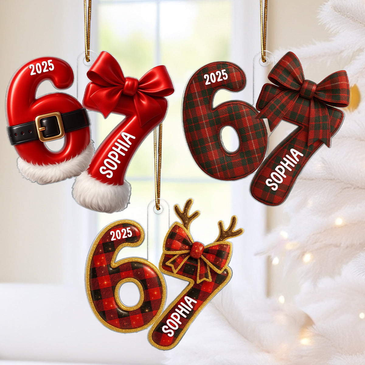 3D Effect Girly Coquette Bow Pattern 67 Six Seven 2025 Slang - Personalized Acrylic Ornament - Funny Christmas Gift For Teen Girl, Grandkid, Gen Alpha
