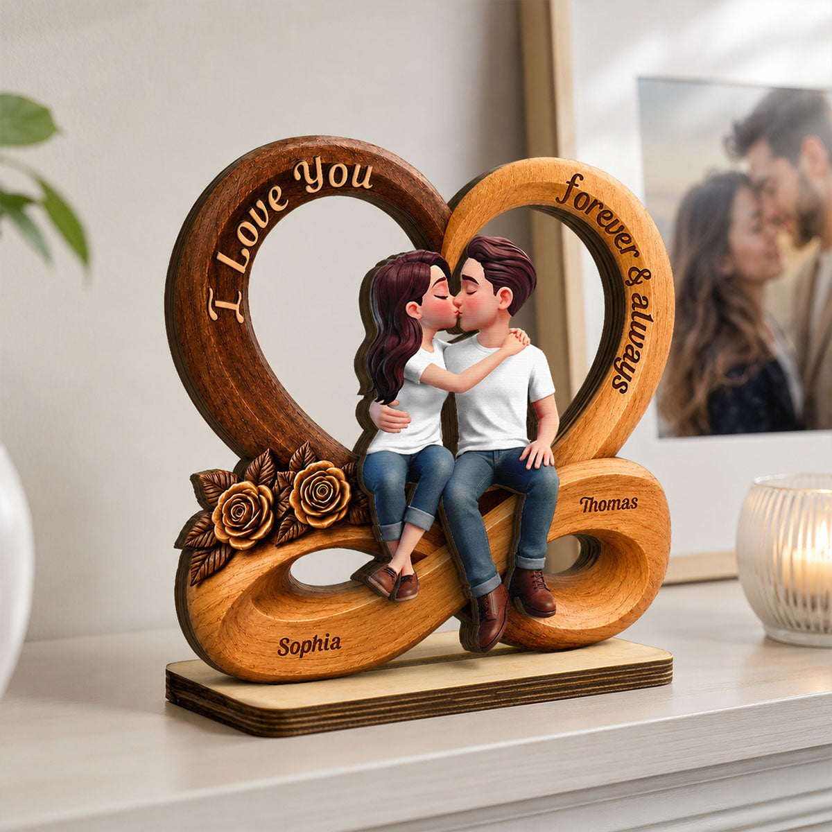Couple Love You Forever & Always Infinity Heart - Personalized 2-Layered Wooden Plaque - Anniversary Gift For Couple, For Him, For Her