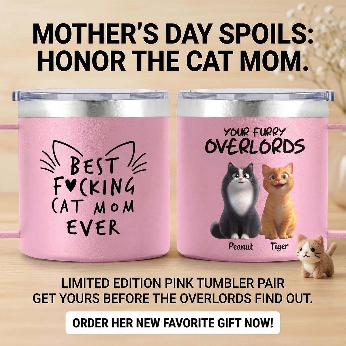 Best Fcking Cat Mom Ever Cartoon Cats - Personalized Stainless Steel Tumbler with Handle - Mother's Day Gift For Cat Lovers
