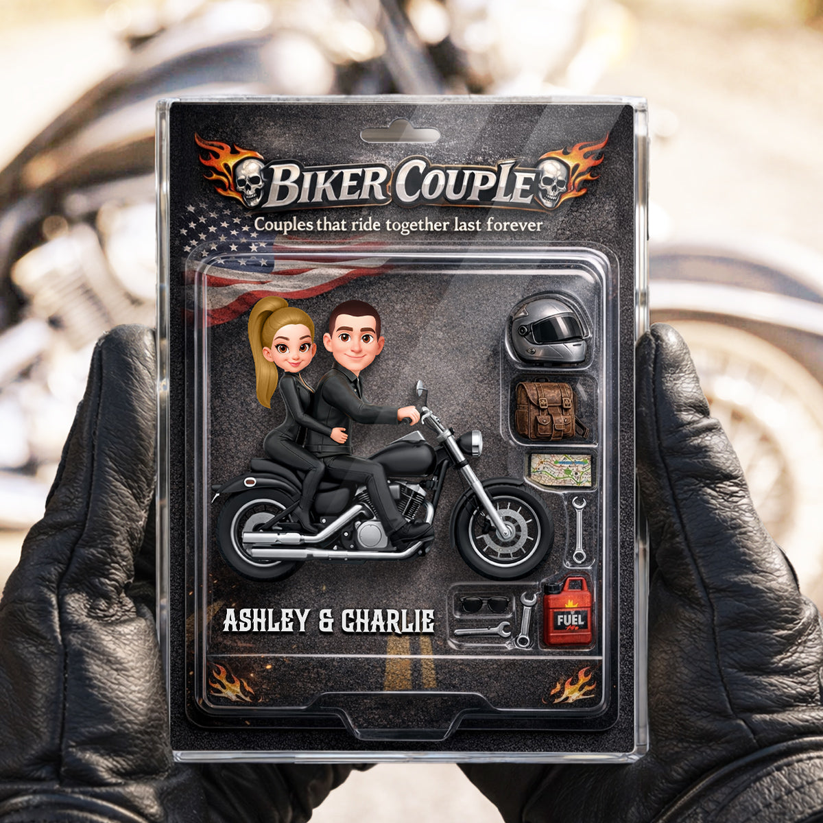 Couples That Ride Together Last Forever Nation Flag, Custom Action Figure Biker Couple - Personalized Acrylic Block Plaque - Heartfelt Gift for Him, for Her