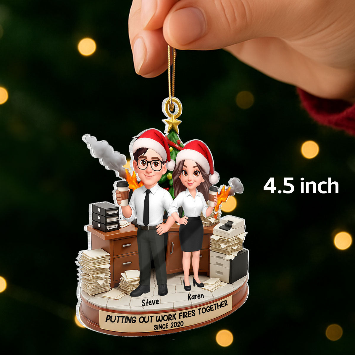 Putting Out Work Fires Together, Office Chaos Funny Coworkers - Personalized Acrylic Ornament - Custom Employee Gift Exchange, White Elephant Gift