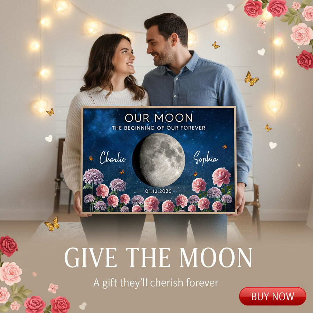Couple Custom Moon Phase Anniversary Date Birth Month Flowers - Personalized Poster - Valentine's Day Gift For Couple