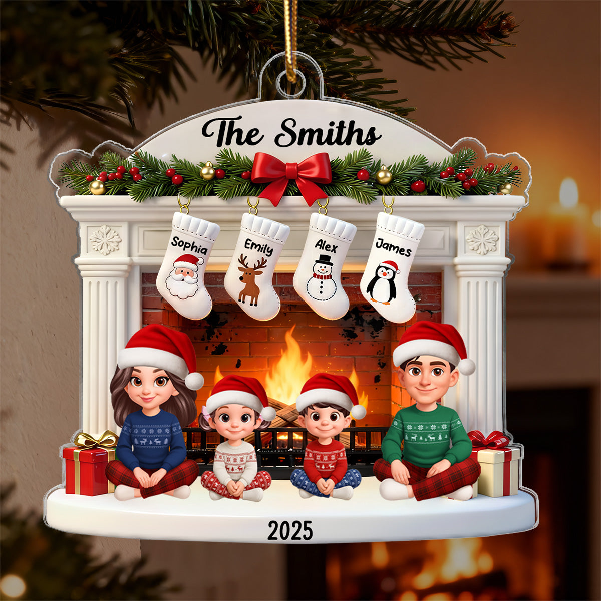 3D Effect Christmas Festive Christmas Fireplace Beautiful Family Together - Personalized Acrylic Ornament - Gift For Family