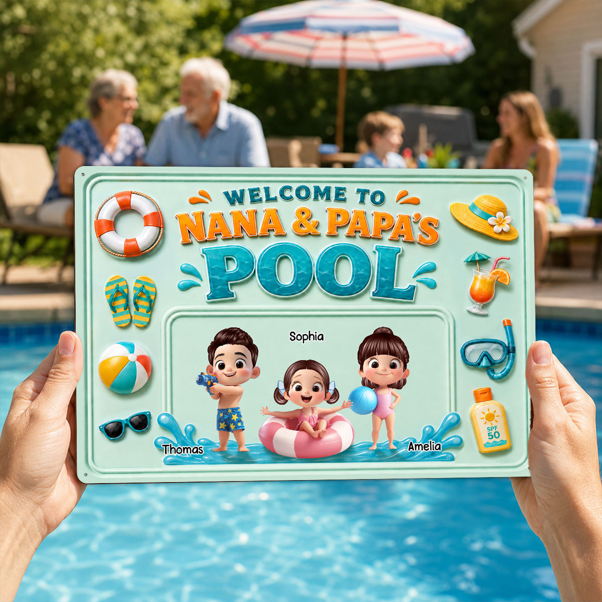 Nana & Papa's Poolside With Kids - Personalized Metal Sign - Gift For Kids, Grandparents, Summer Decorations