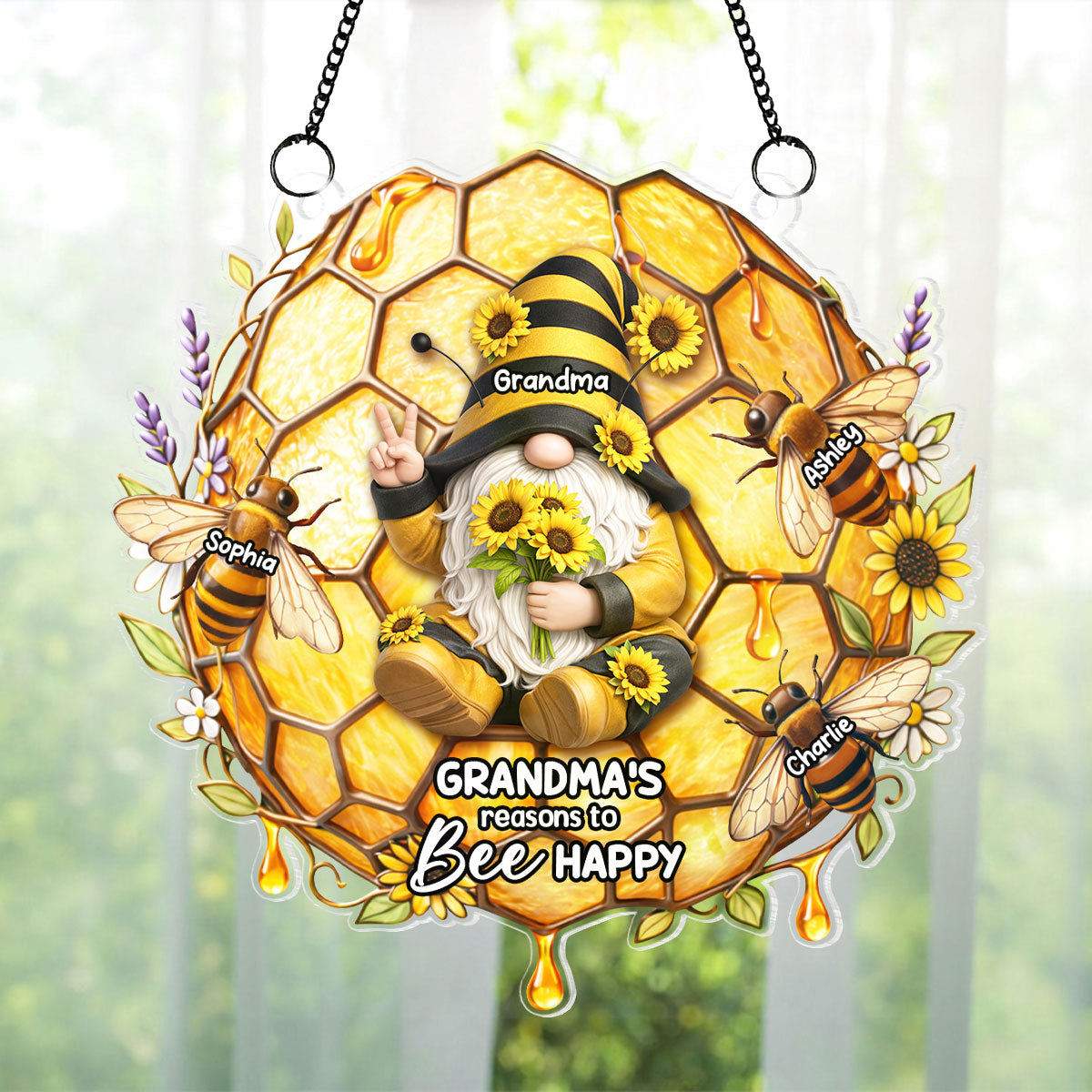 Grandma Grandkids Bee Happy - Personalized Suncatcher - Gift For Grandma