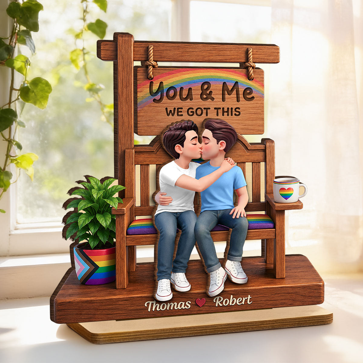 Pride Couple LGBTQ Romantic Love - Personalized 2-Layered Wooden Plaque - Gift For Couple, Happy Pride Month