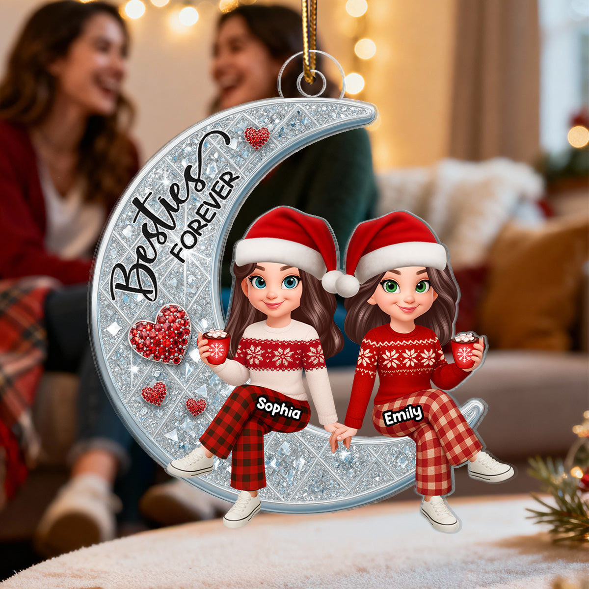 3D Shinning Effect Besties Forever On Moon - Personalized Acrylic Ornament