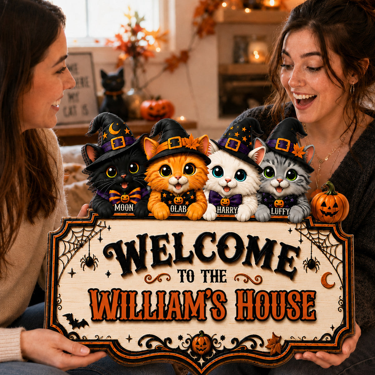Welcome To Cat House Halloween - Personalized Door Sign - Halloween Decor Gift, Gift For Cat Lovers