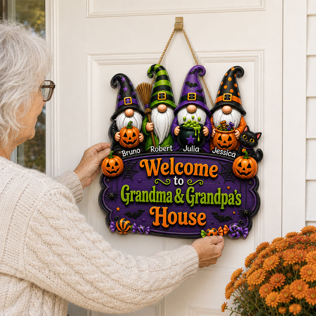 Halloween Gnome Welcome To Grandma Grandpa House - Personalized Door Sign - Halloween Decor Gift, Gift For Grandma, Grandpa