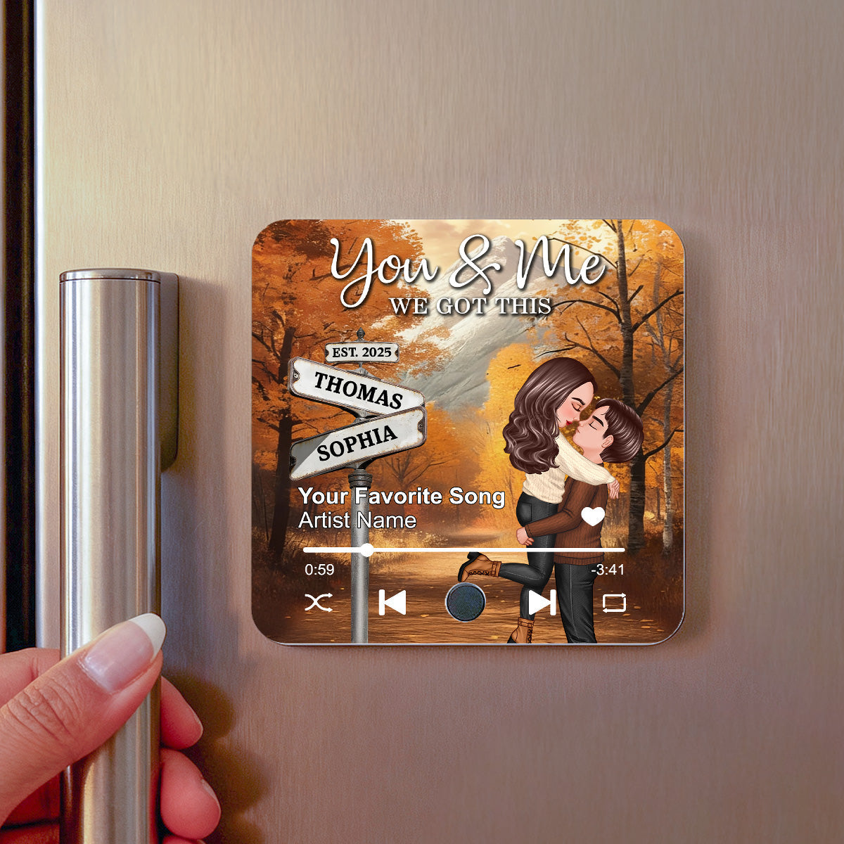 Couple Kissing Crossroads Street Sign Nostalgia Fall Theme - Personalized Music Fridge Magnet - Anniversary, Valentine's Day Gift For Couple