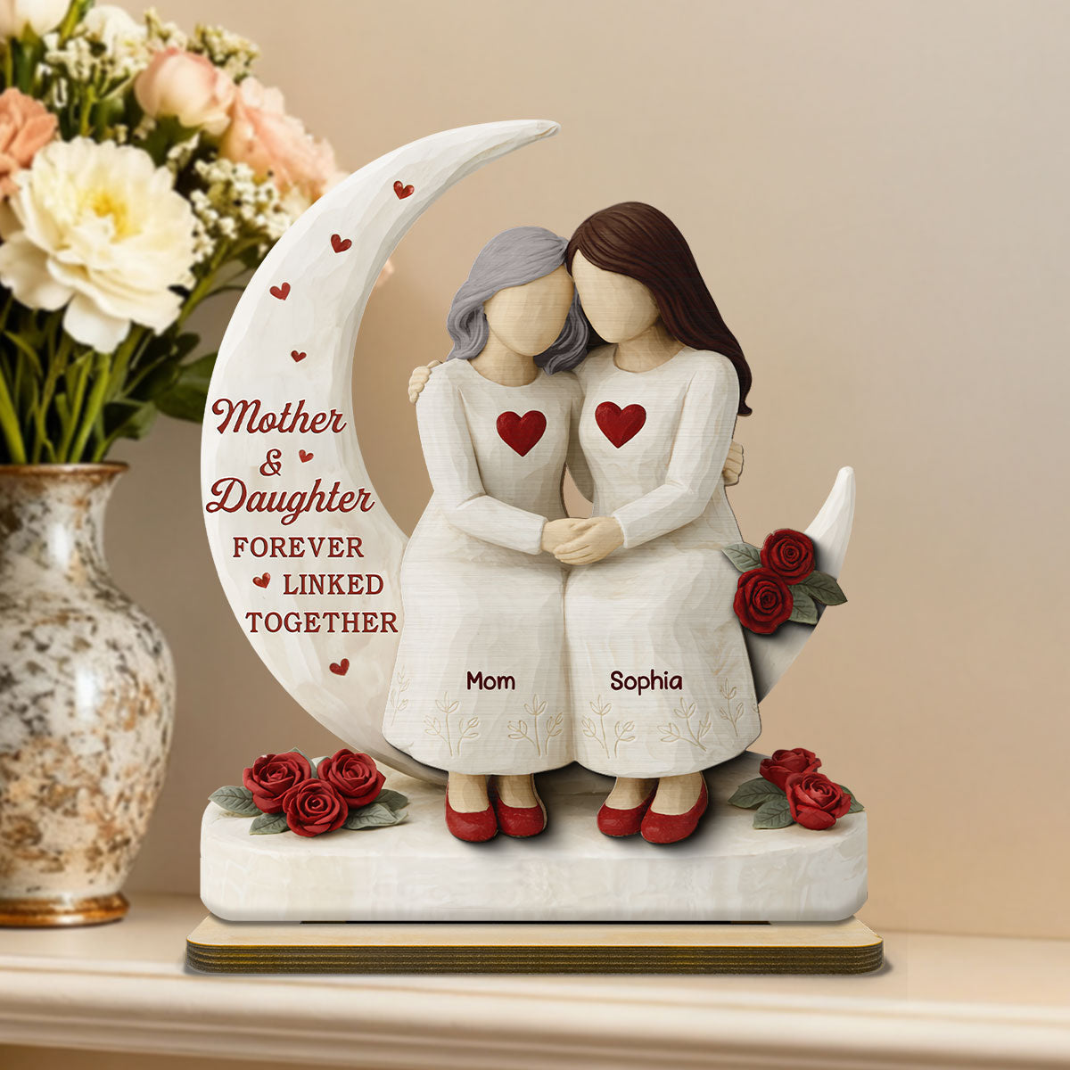 Roses Moon Mom And Daughter Forever Linked Together - Personalized 2-Layered Wooden Plaque - Gift For Mom, Daughter