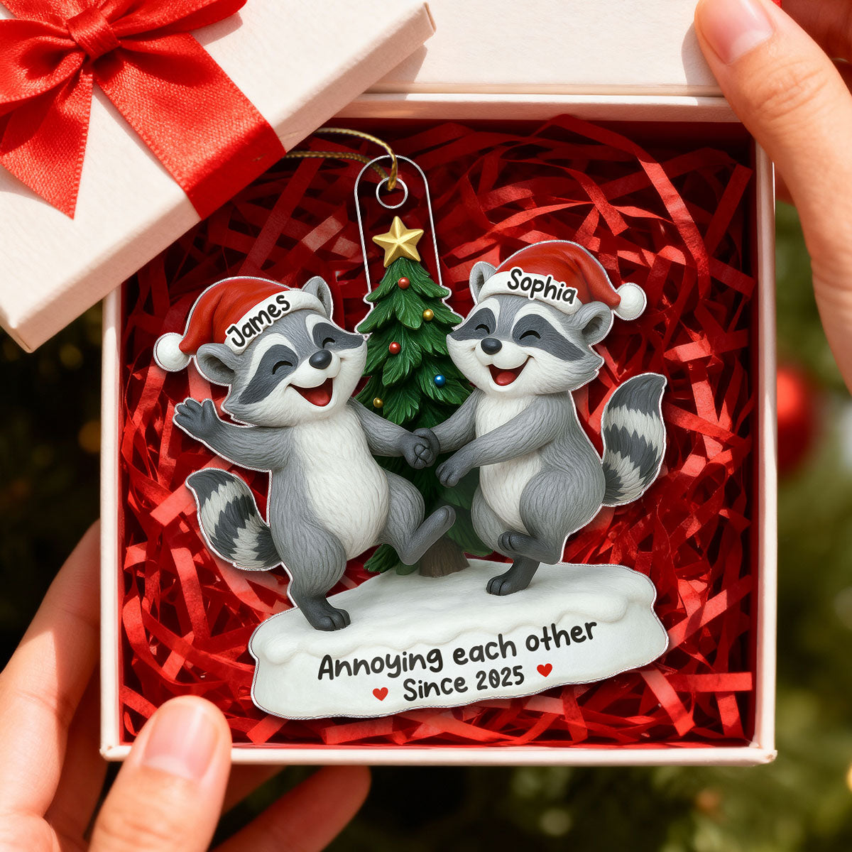 3D Effect Raccoon Couple Annoying Each Other - Personalized Acrylic Ornament - Funny Gift For Couple, Gag Gift