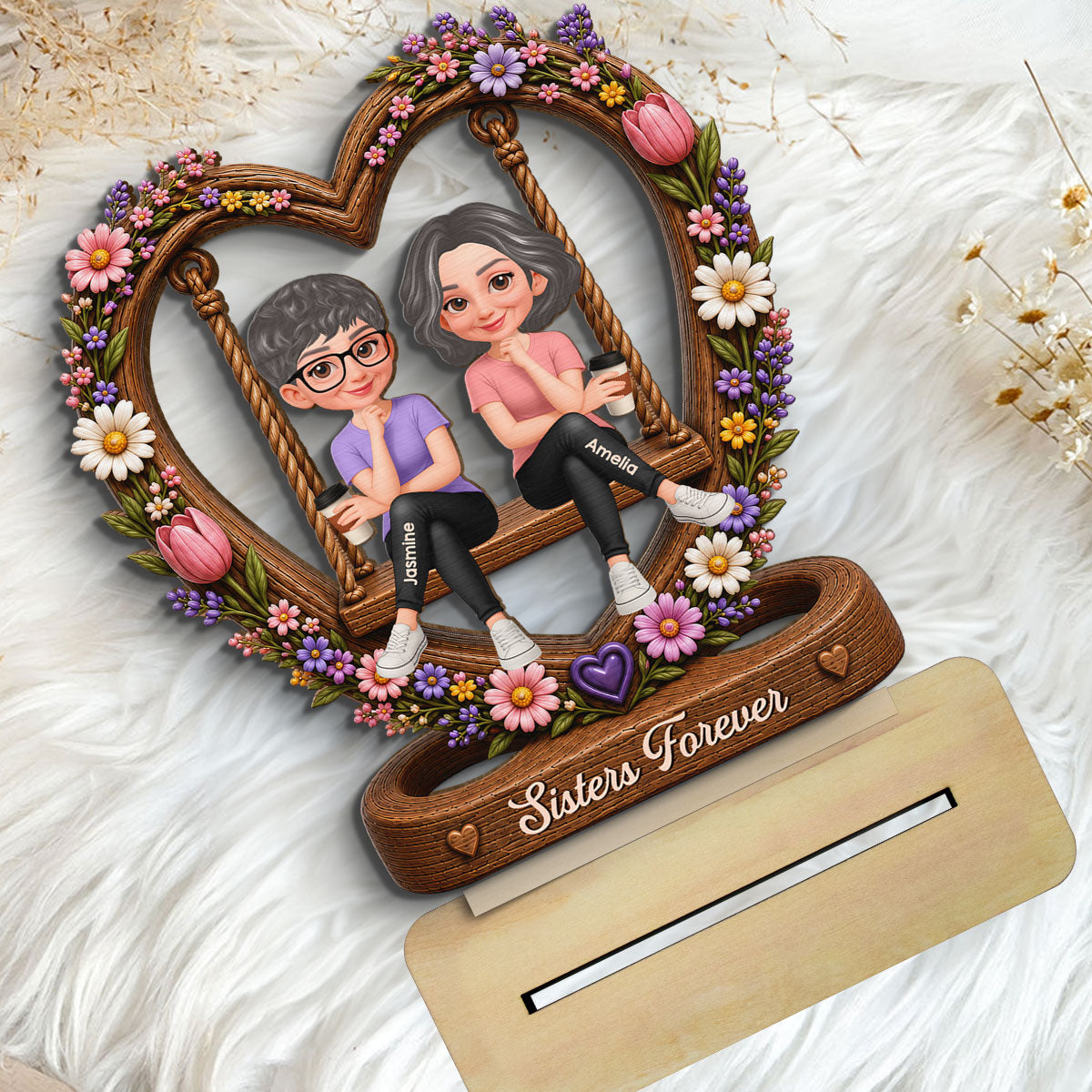 Besties Sister Floral Swing 2D Flat - Personalized Wooden Plaque