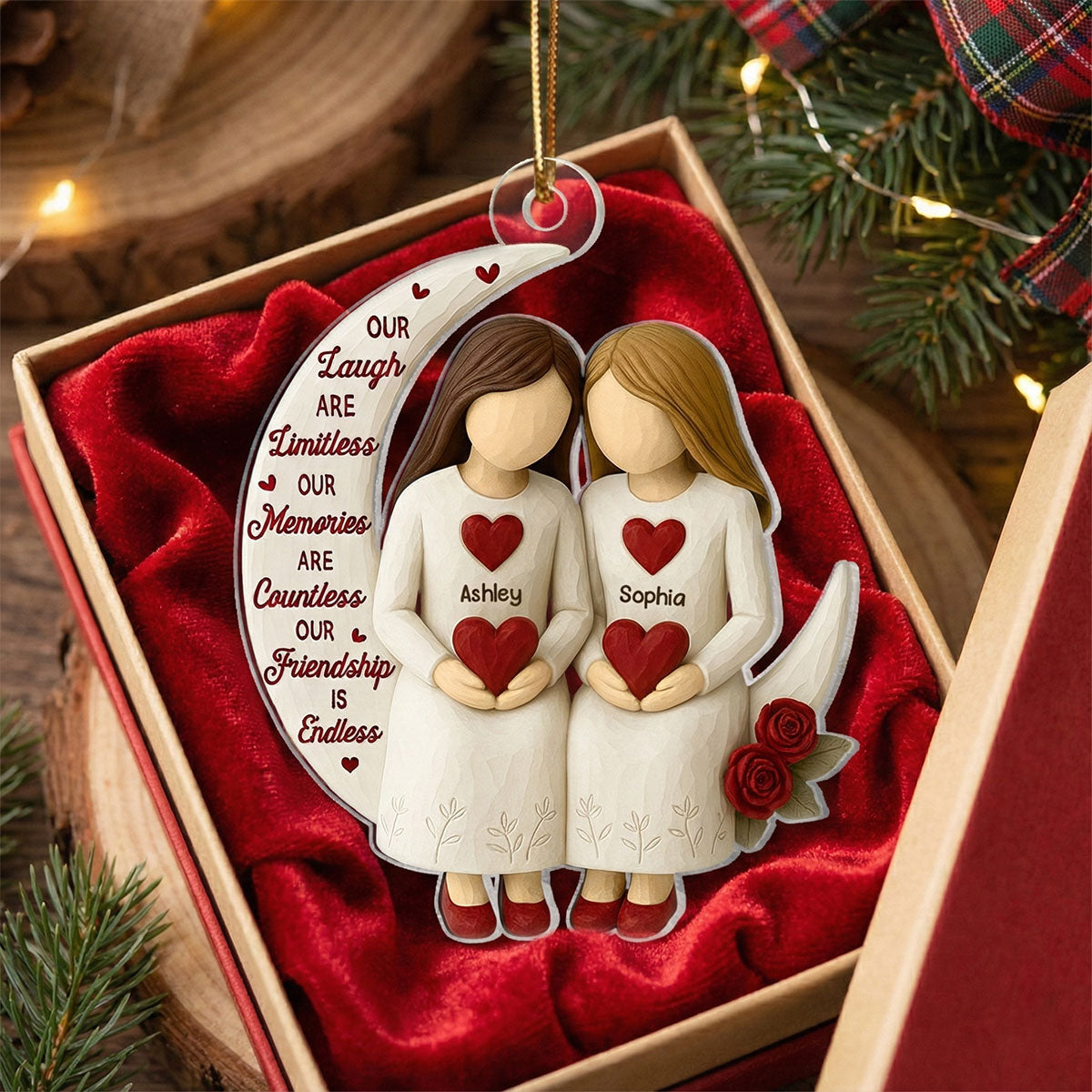 3D Effect Roses Besties On Moon - Personalized Acrylic Ornament - Christmas Gift For Best Friends