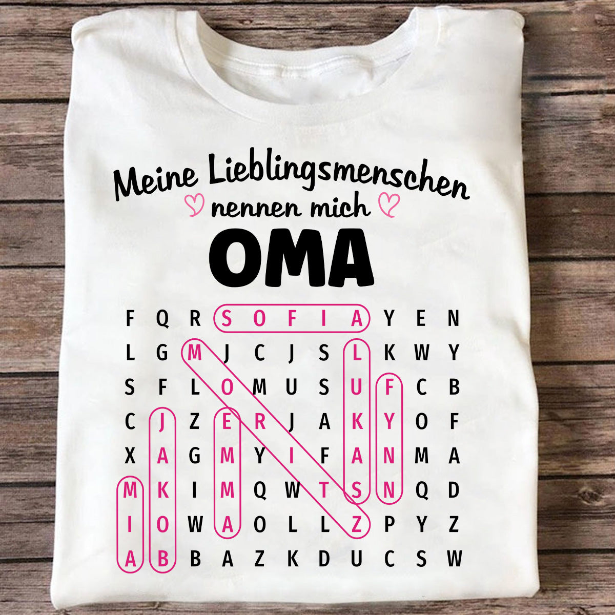 Meine Lieblingsmenschen nennen mich Oma Wortsuchrätsel – Personalisiertes Shirt – Geschenk für Oma