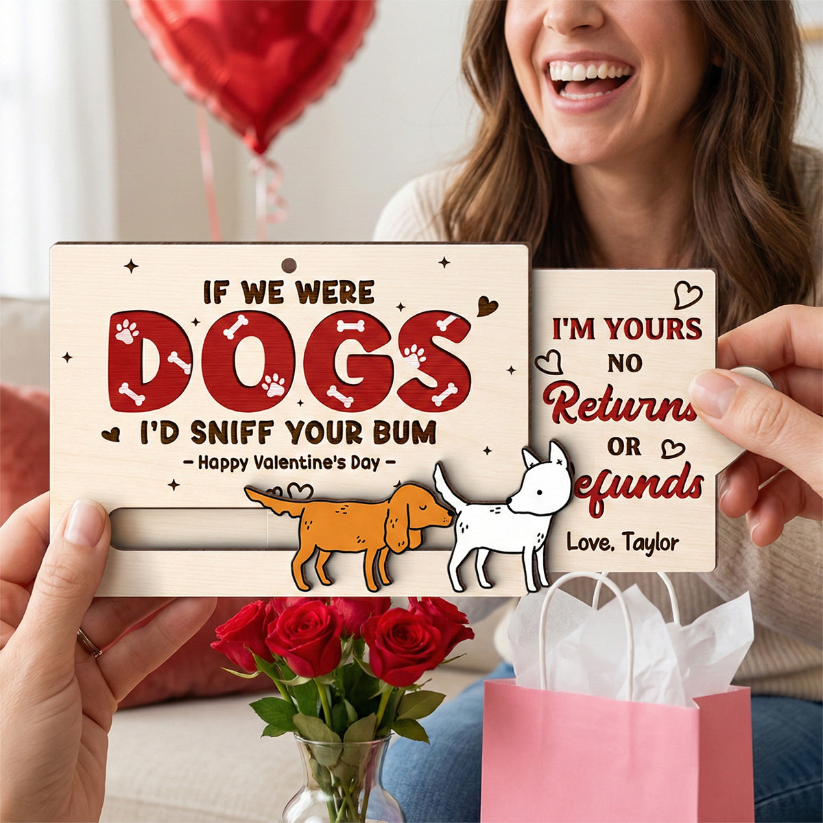 If We Were Dogs I'd Sniff You Bum Funny Couple - Personalized Wooden Slider Ornament - Valentine's Day Gift For Him, For Her