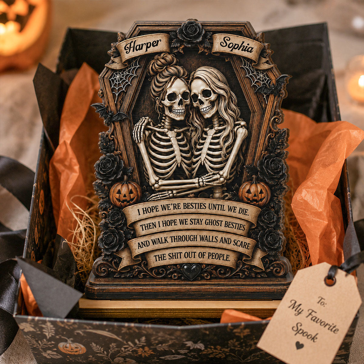 Skeleton Besties In Coffin Friends Until We Die 2D Flat - Personalized 2-Layered Wooden Plaque - Funny Work Bestie Gift, Halloween Keepsake For Best Friends