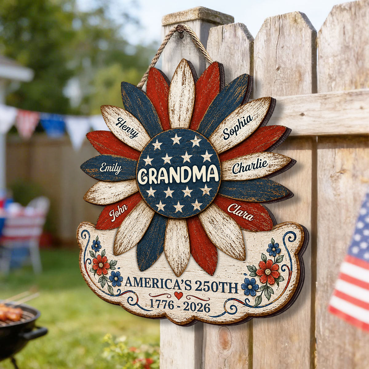 Grandma Nation Flag Sunflower America 250th Anniversary - Personalized Wood Sign - 250 Years Of Freedom, Patriotic Decoration