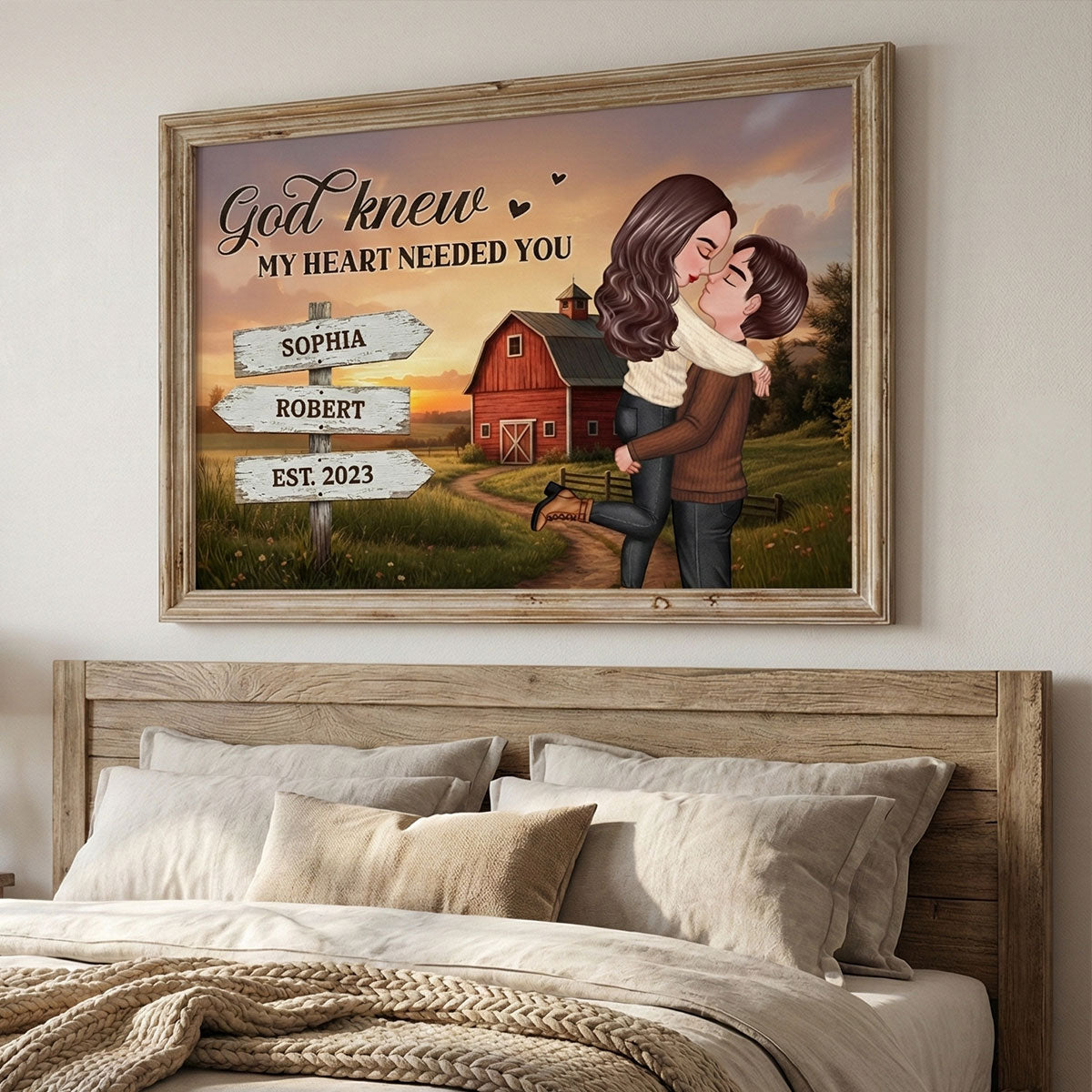 Rustic Nostalgia Red Barn House Sign Posts Couple Hugging Kissing Farmhouse Decor - Personalized Poster - Heartfelt Valentine, Anniversary Gift For Him, For Her