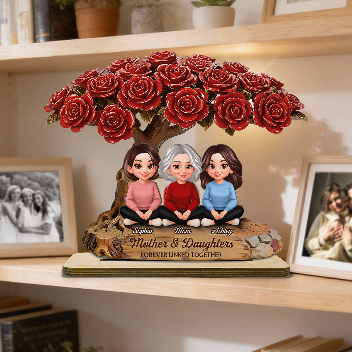 Vintage Rose Tree Mom And Daughter Son - Personalized 2-Layered Wooden Plaque - Gift For Mom
