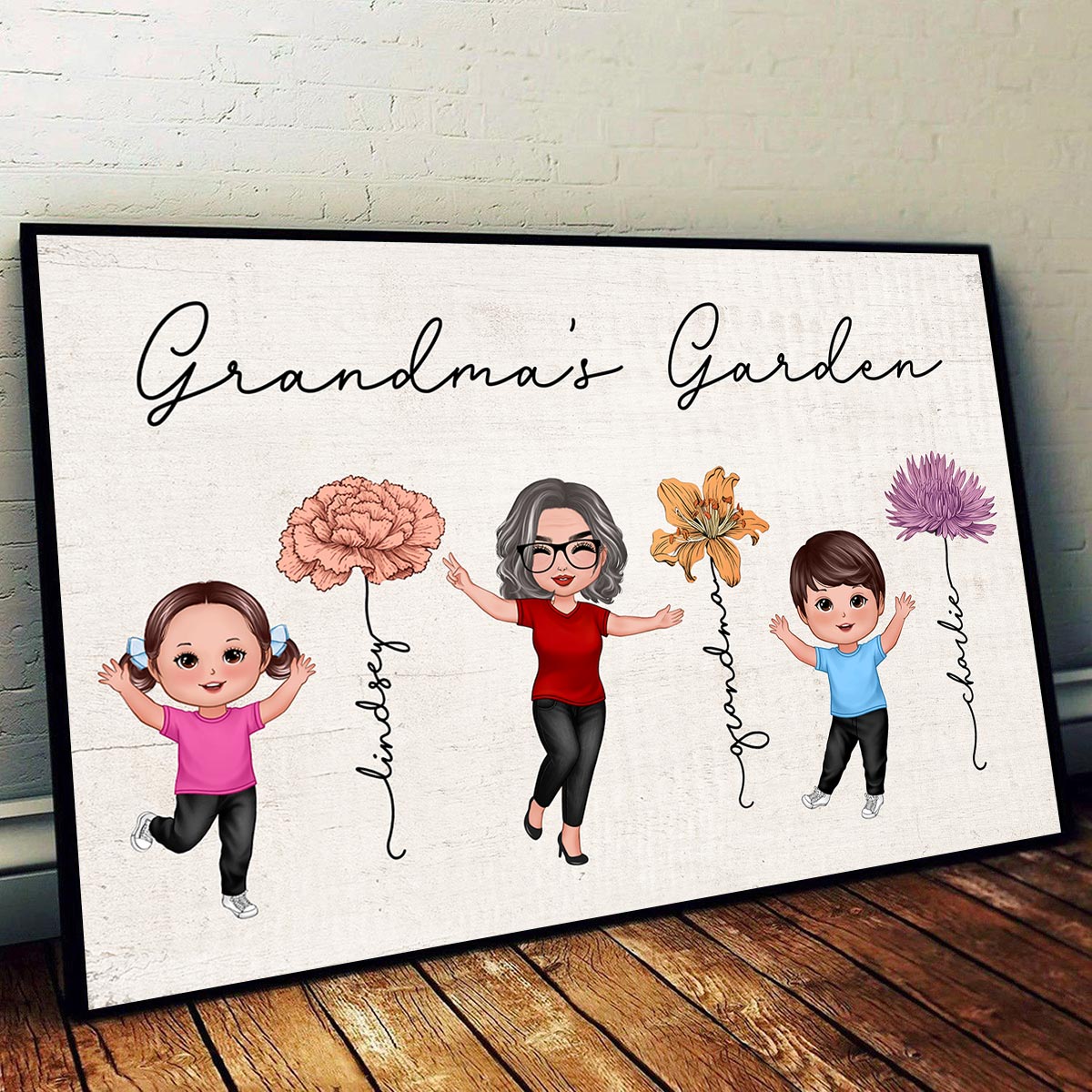 Happy Grandkids Grandma Garden Vintage Birth Month Flowers Mother‘s Day Gift Personalized Horizontal Poster
