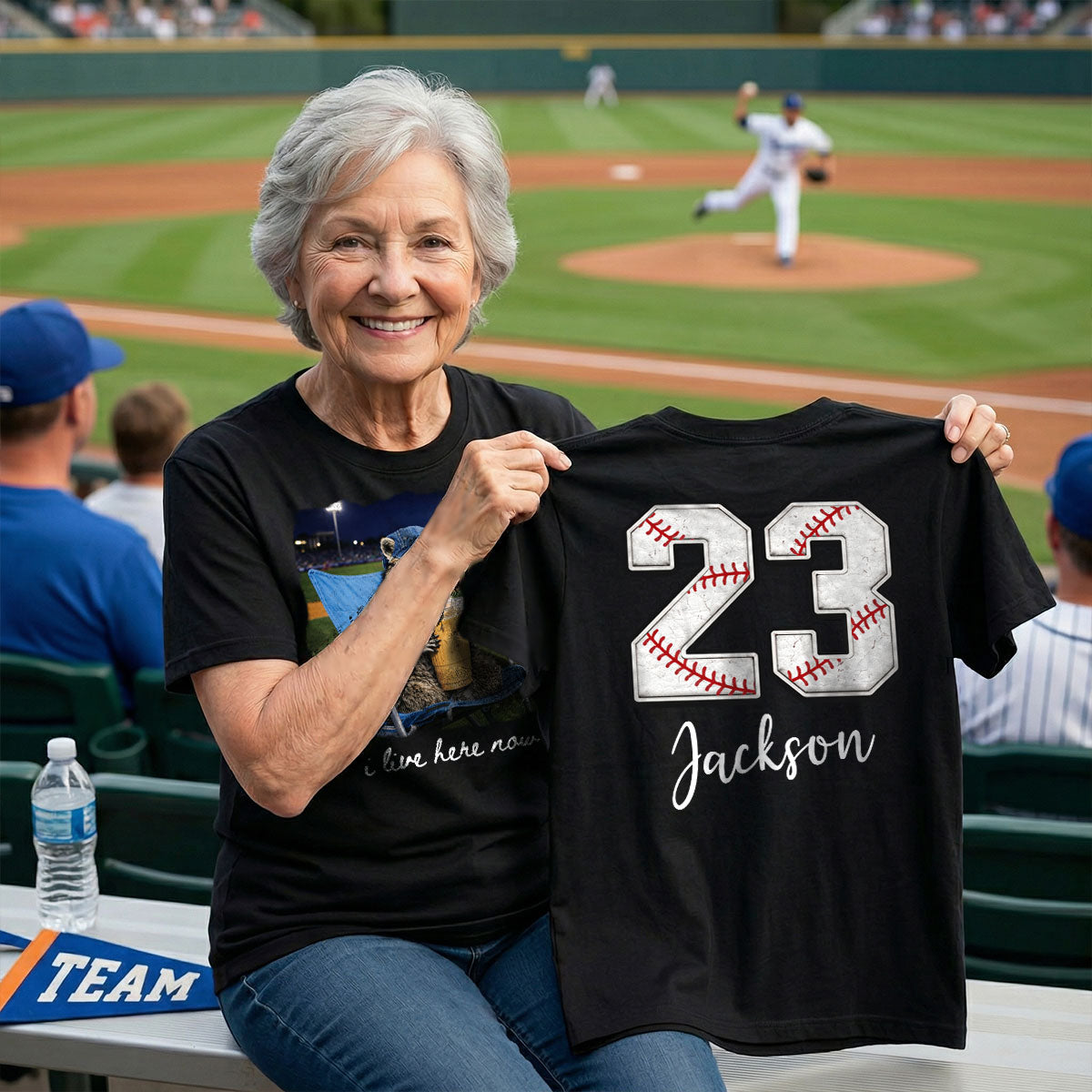 I Live Here Now Raccoon Goose On Ballfield - Personalized Double Sided Shirt - Baseball Softball Grandma Mom