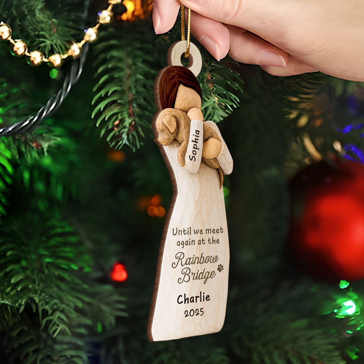 Until We Meet At Rainbow Bridge Woman & Dog 3D Effect - Personalized Wooden Ornament - Memorial Keepsake
