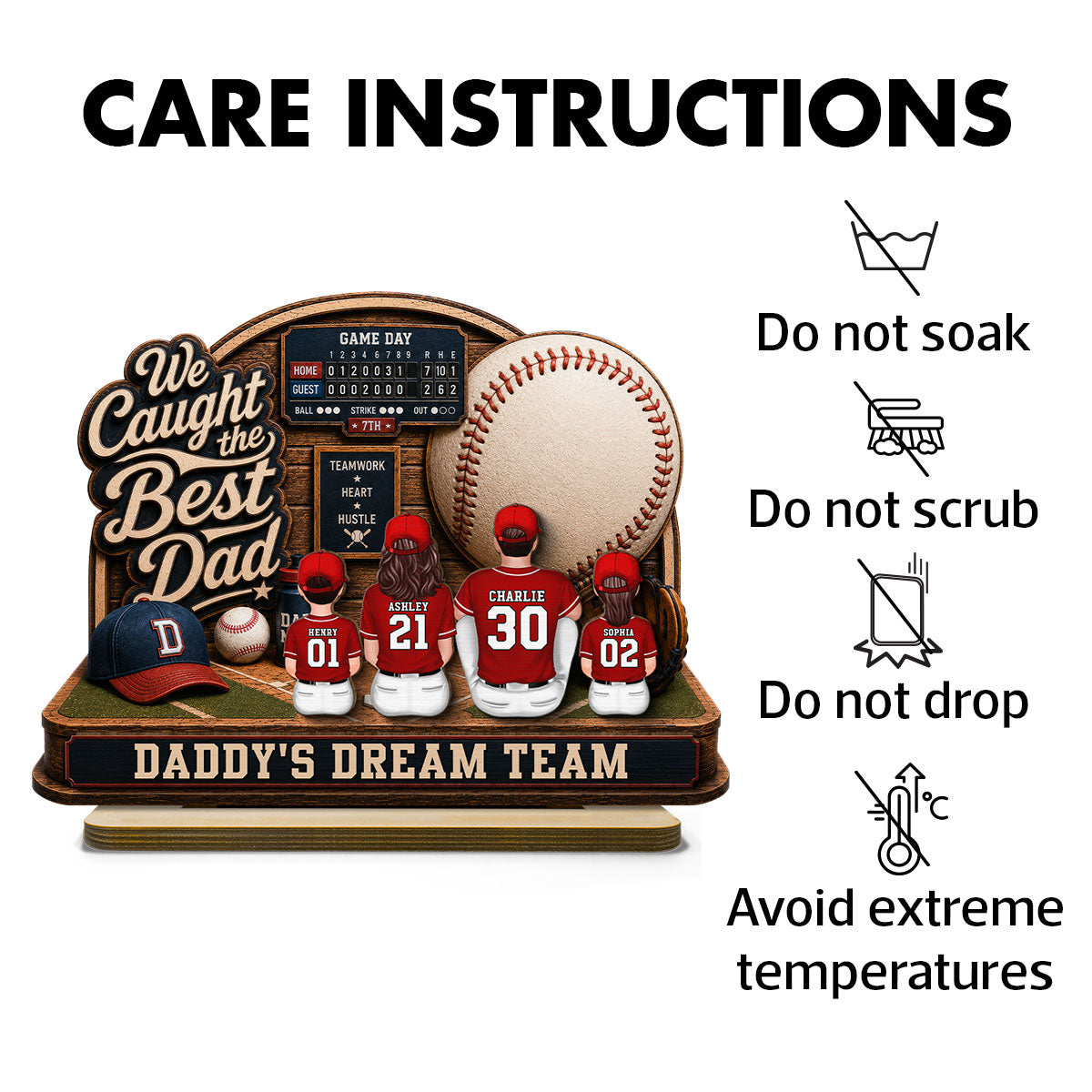 Baseball Things Dad & Kids Back View Sitting 2D Flat - Personalized 2-Layered Wooden Plaque - Happy  For Baseball Dad