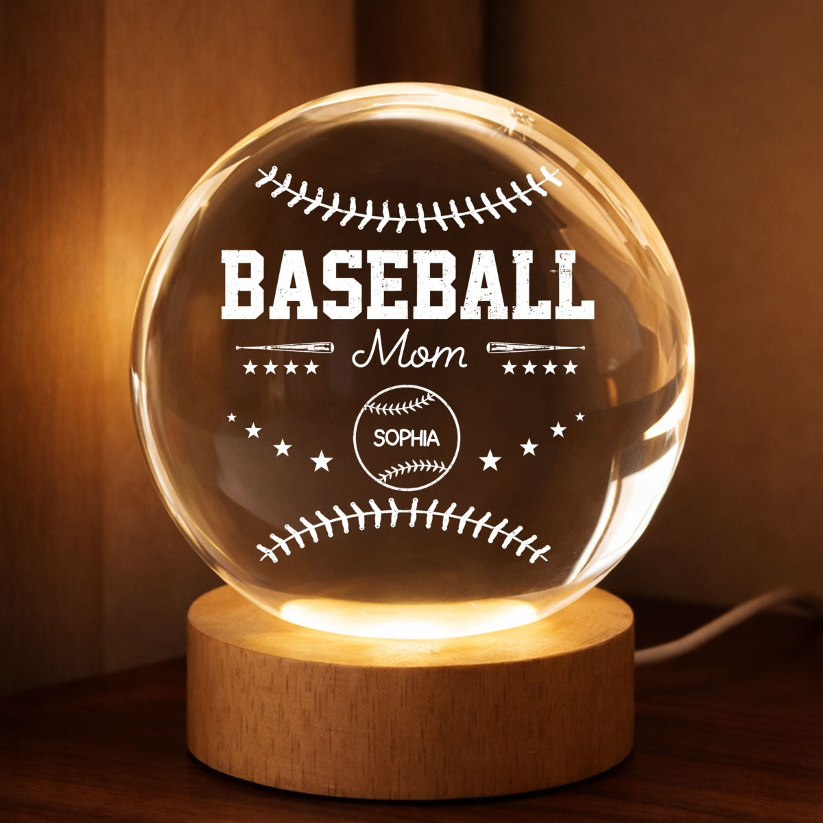 Baseball Mom And Kids Together - Personalized Crystal Ball LED Night Light - Mother's Day Gift For Baseball Mom, Gift For Wife