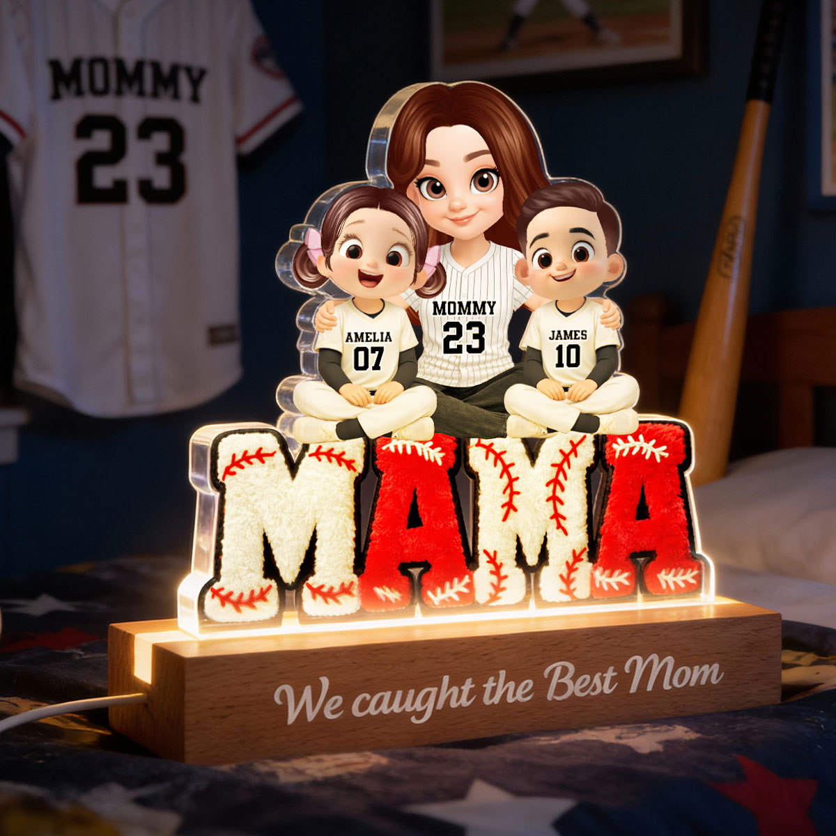 Mama Baseball And Kids - Personalized Acrylic Block LED Night Light - Heartfelt Gift For Mom, Grandma