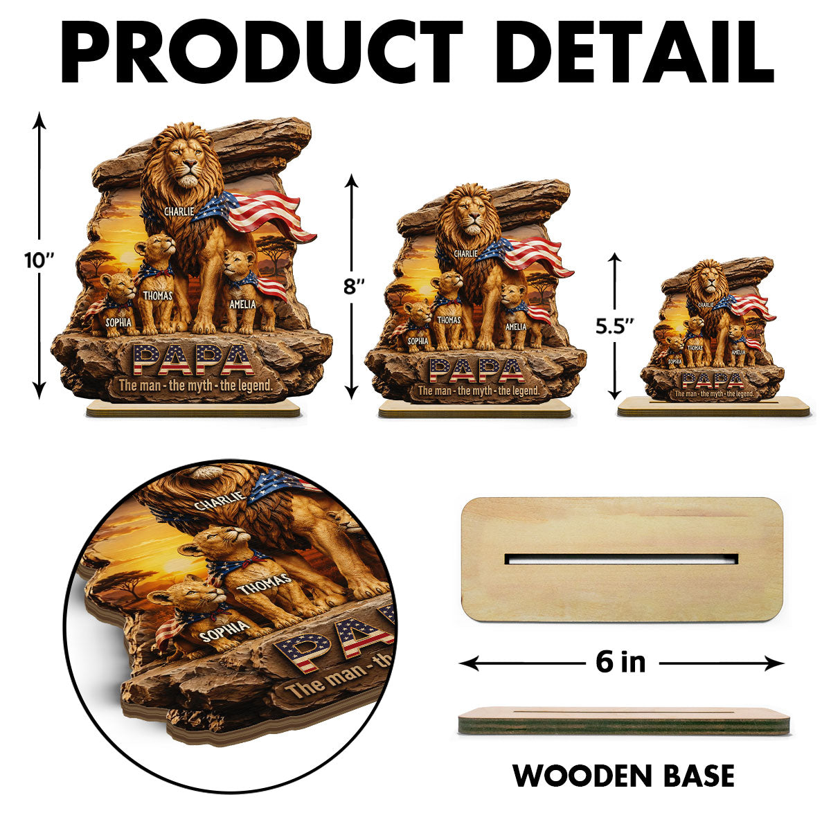 Lion Dad Papa the Legend - Personalized 2-Layered Wooden Plaque -  Gift for Dad, Husband