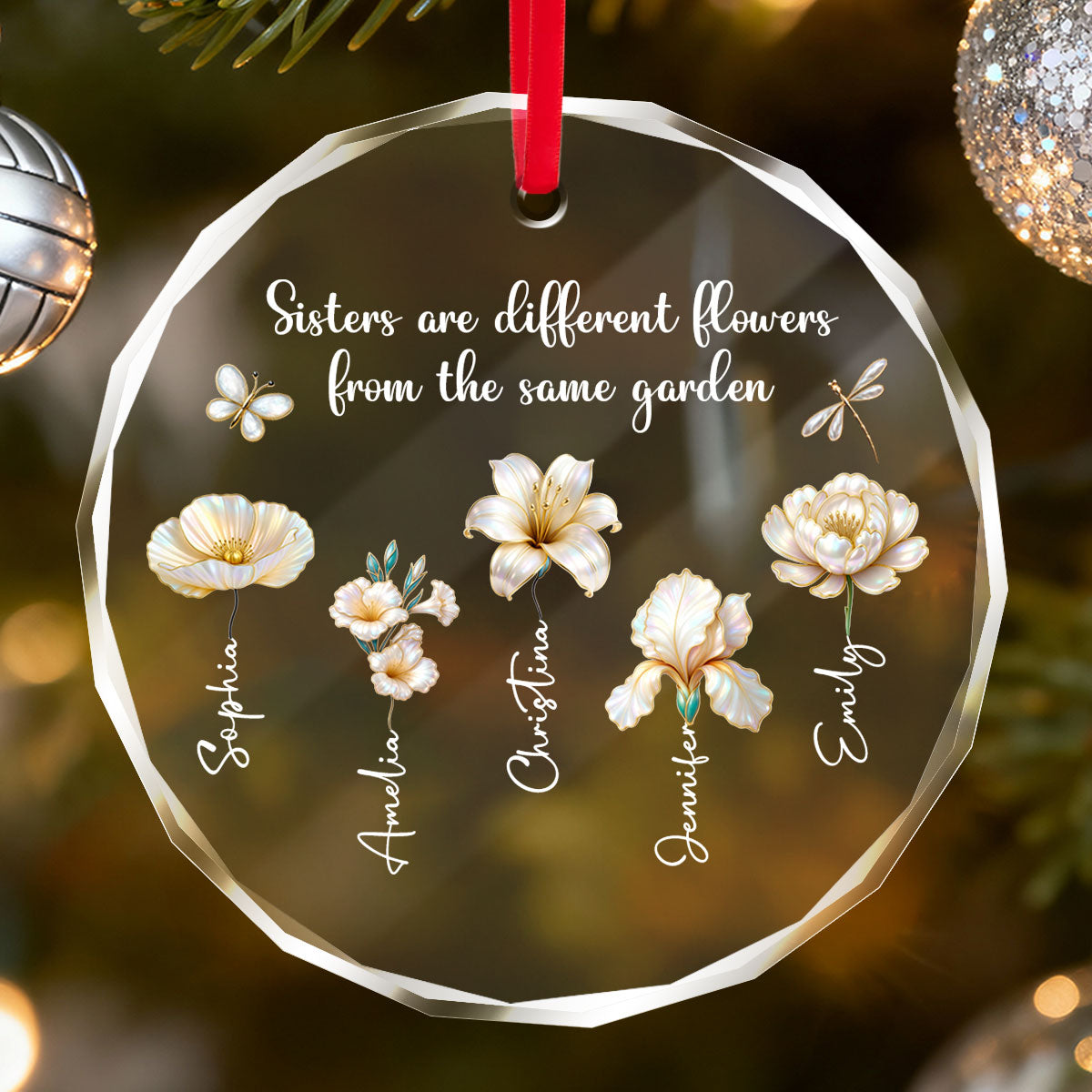 3D Effect Birth Flowers Sisters From The Same Garden - Personalized Glass Ornament - Birthday Christmas Just Because Gift For Sisters, Besties