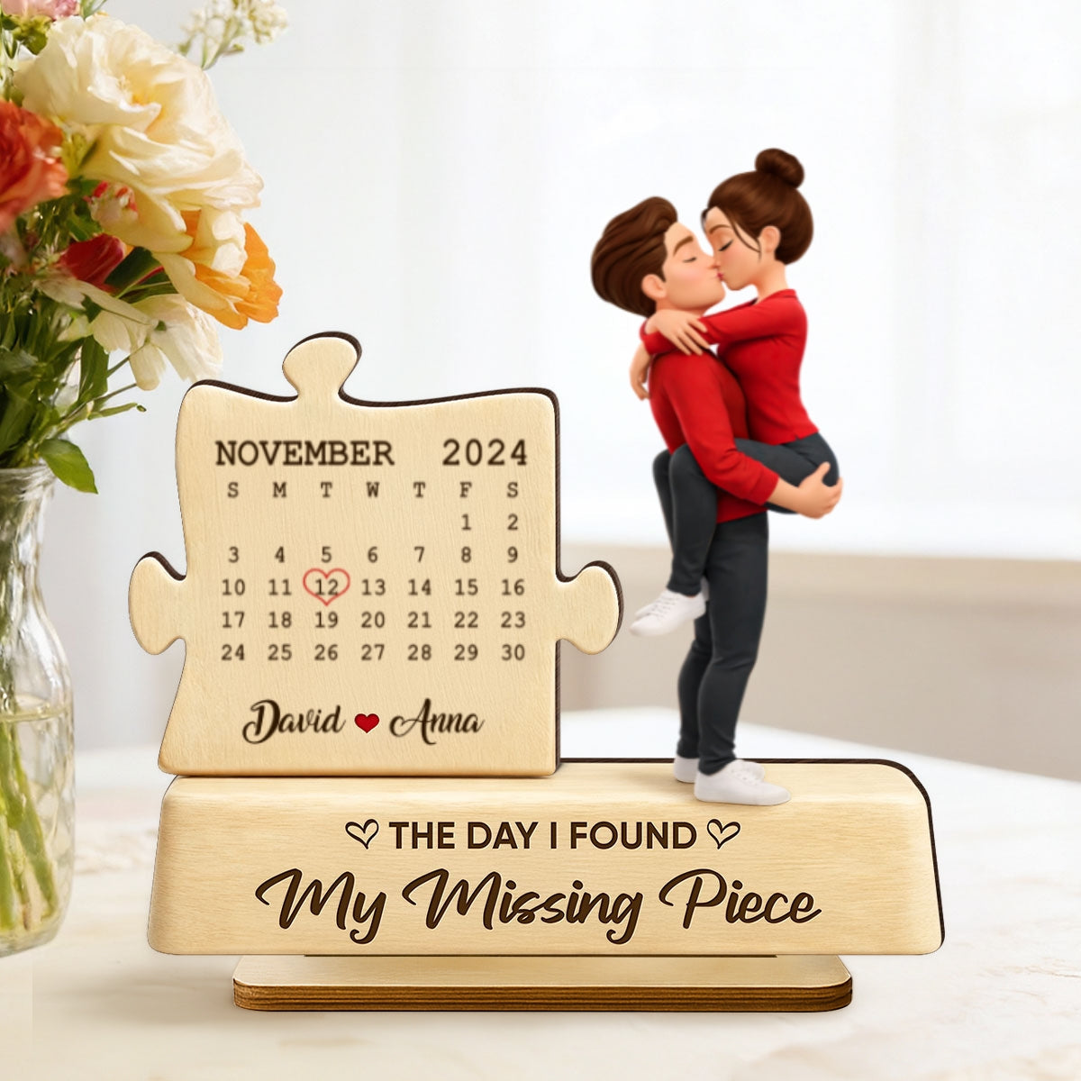 The Missing Piece Couple Kissing - Personalized 2-Layered Wooden Plaque - Anniversary, Valentine's Day Gift, Gift For Him, Gift For Her