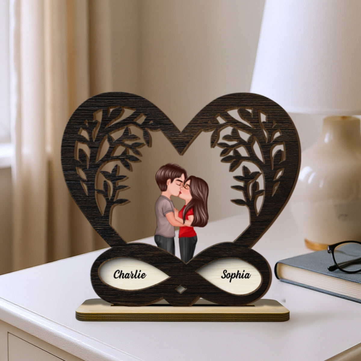Couple Kissing Under Tree Rustic Infinity Heart - Personalized 2-Layer Wooden Plaque - Valentine's Day, Anniversary Gift For Him, For Her