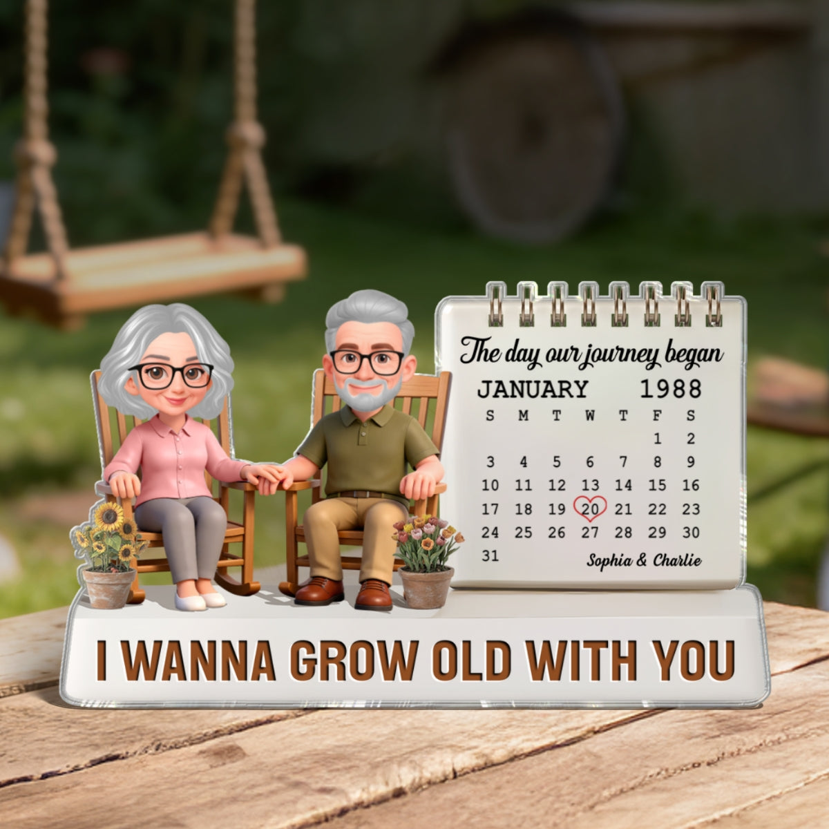 Old Couple Sitting On Rocking Chair Anniversary Date Calendar 2D Flat - Personalized Acrylic Block Plaque